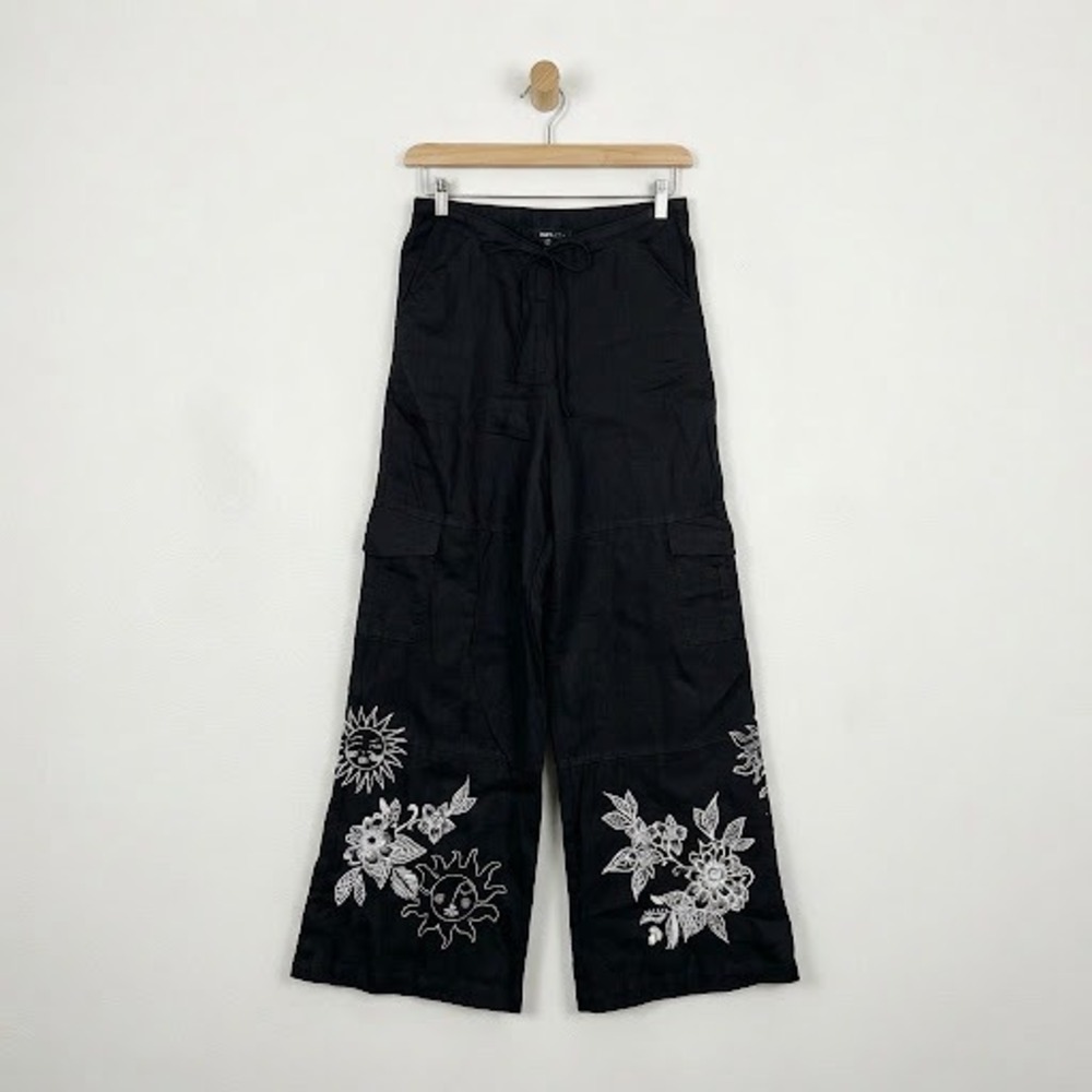 JW Los Angeles Black Embroidered Sun & Moon Linen Cargo Pants Size XS Wide Leg